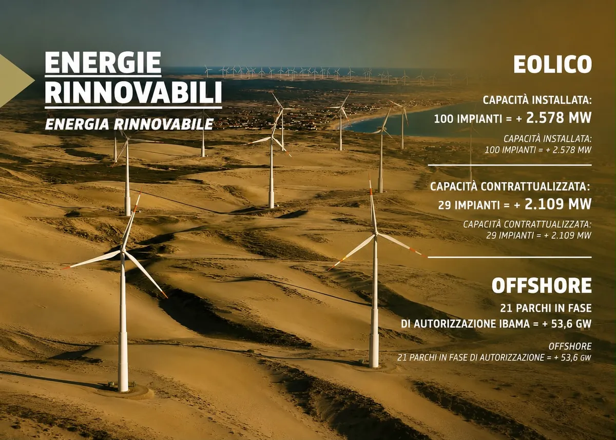 Scheda: energie rinnovabili nel Ceará — 100 impianti eolici per oltre 2.578 MW installati, 29 impianti contrattualizzati per 2.109 MW, 21 parchi offshore in autorizzazione IBAMA per oltre 53,6 GW