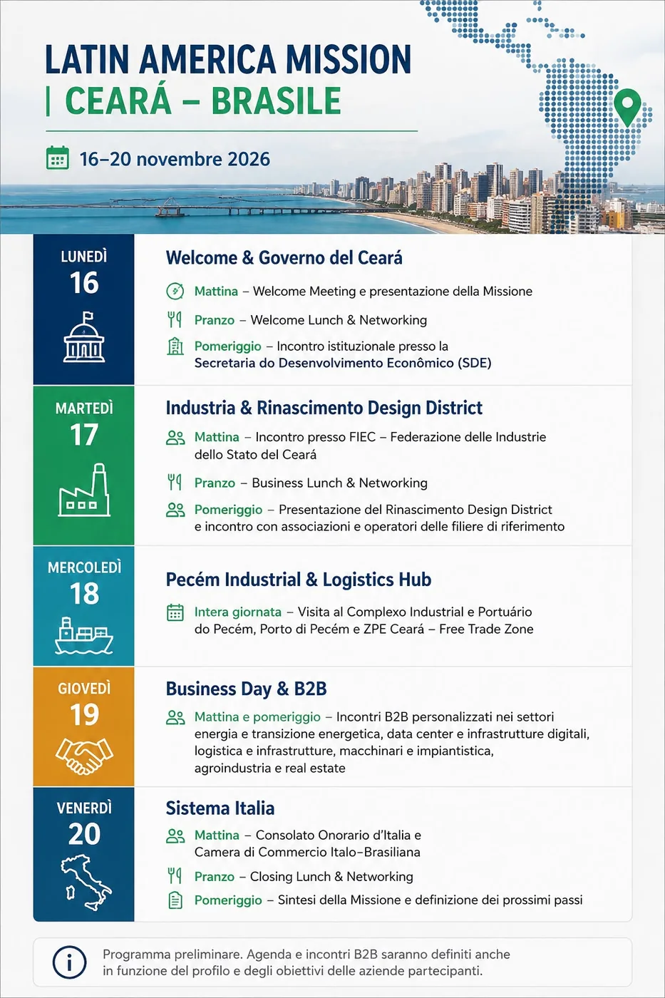 Programma Latin America Mission, 16-20 novembre 2026: lunedì Welcome e incontro con il Governo del Ceará (SDE), martedì Industria e Rinascimento Design District con la FIEC, mercoledì visita al Complesso Industriale e Portuale di Pecém e alla ZPE Ceará, giovedì Business Day con incontri B2B, venerdì Sistema Italia